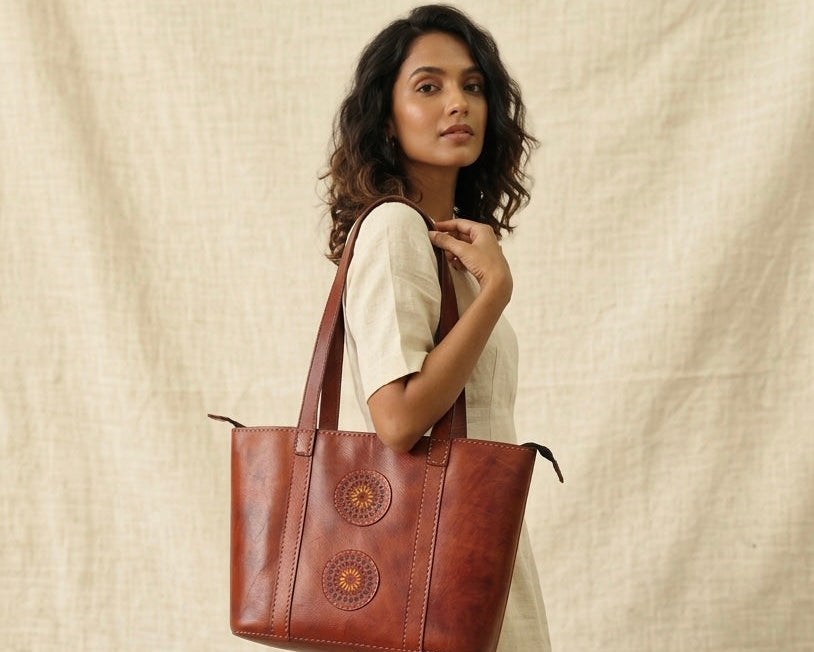 Woman holding a brown leather tote bag against a beige background