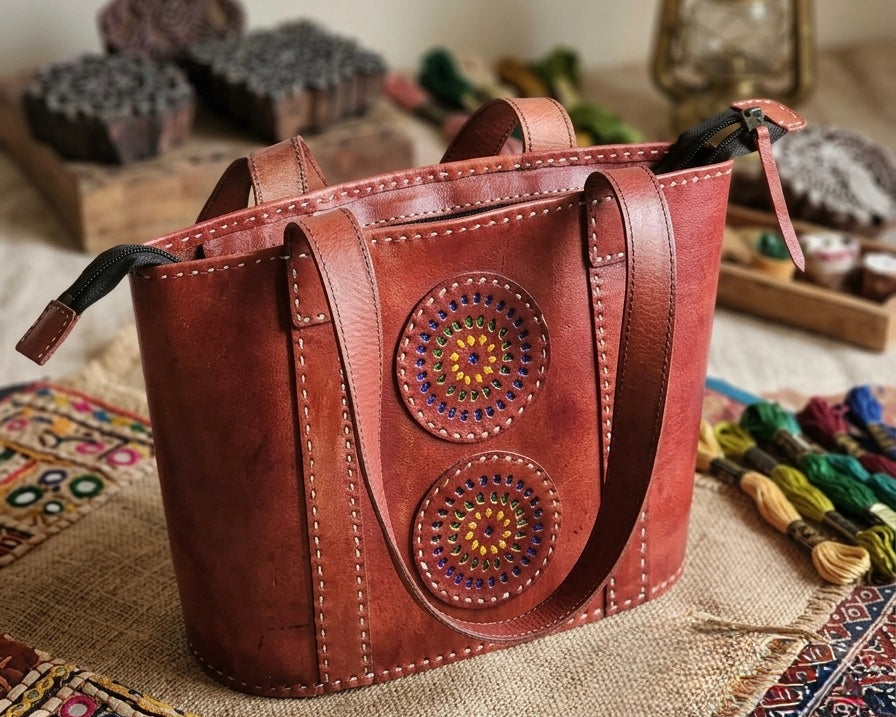 Brown leather handbag with decorative patterns on a textured surface with colorful threads and a lantern in the background.