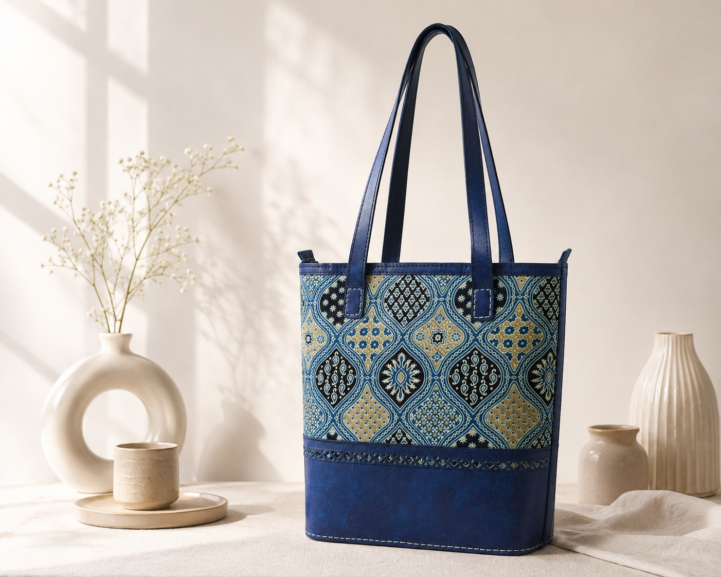 A blue tote bag with a geometric patterned front panel and dark blue handles, styled on a table with neutral ceramic vases and dried flowers in a softly lit interior setting.