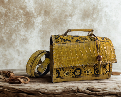 Yellow patterned handbag on a wooden surface with a textured beige background