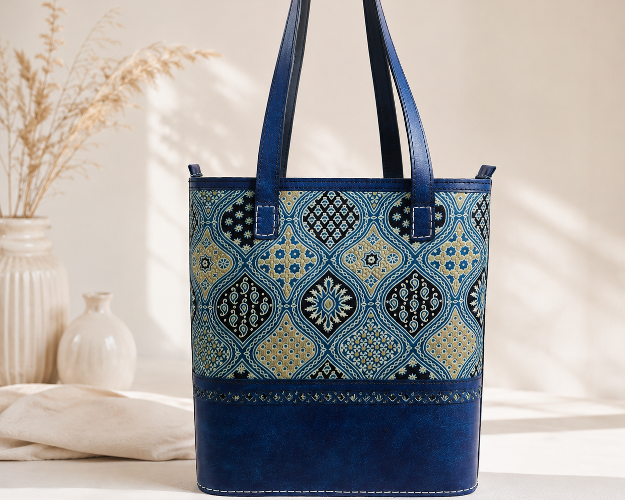 A blue tote bag with a geometric patterned body and solid blue handles, displayed on a white surface with decorative vases in the background.