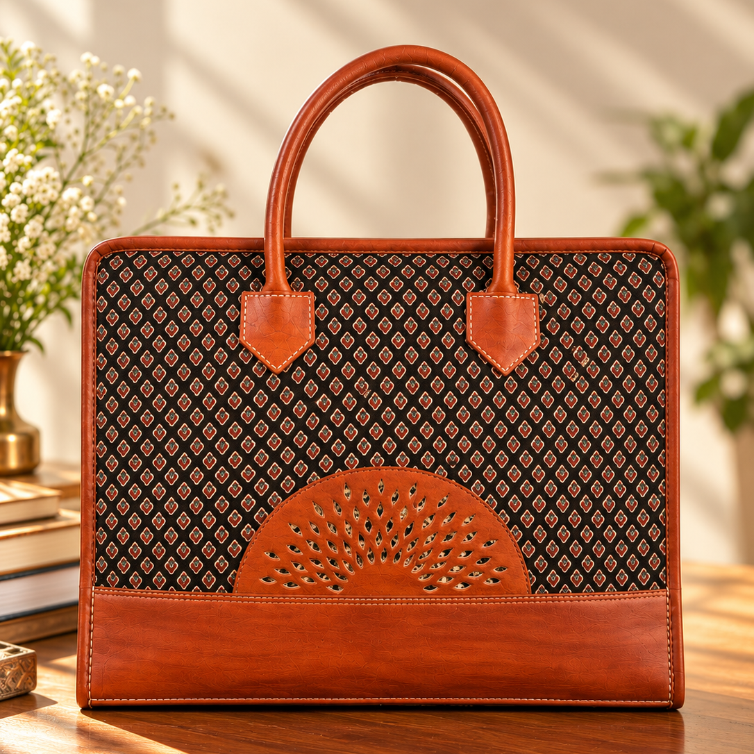A structured tote bag with a brown leather base and handles, a black and orange geometric patterned upper section, and an orange leather fan-shaped cutout detail on the front, displayed on a wooden table with warm natural light.