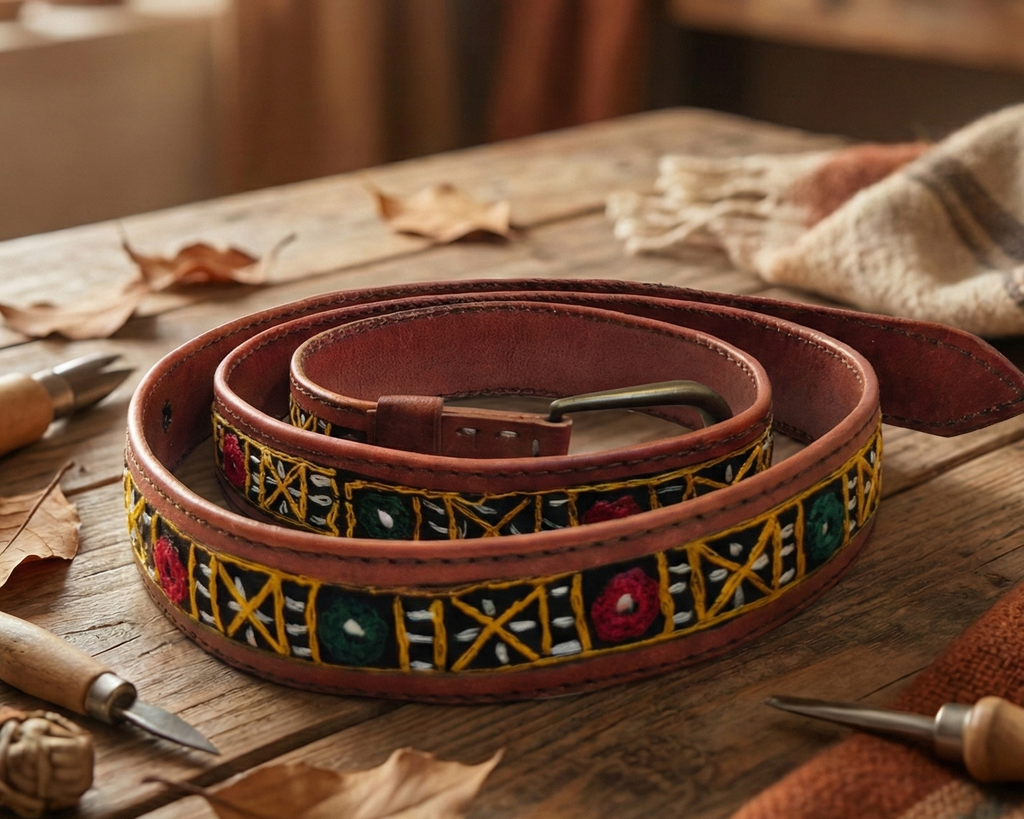 Decorative leather belt with geometric patterns on a wooden surface.