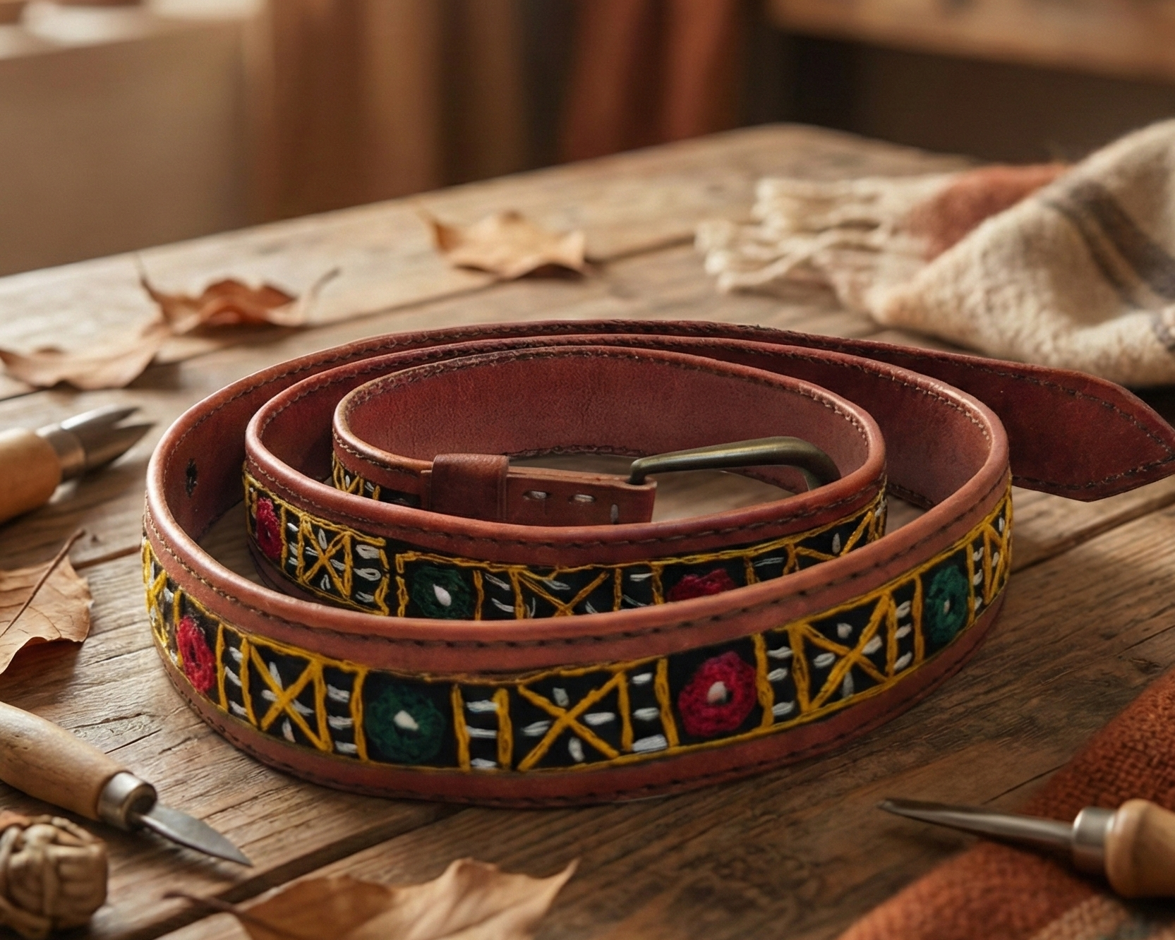 Decorative leather belt with geometric patterns on a wooden surface.