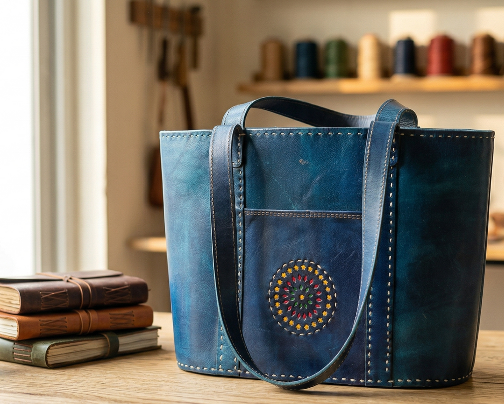 Blue leather handbag on a wooden surface with a kitchen background