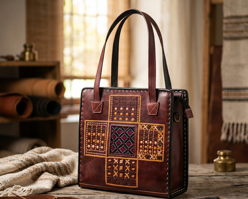 Brown leather handbag handmade artisanal