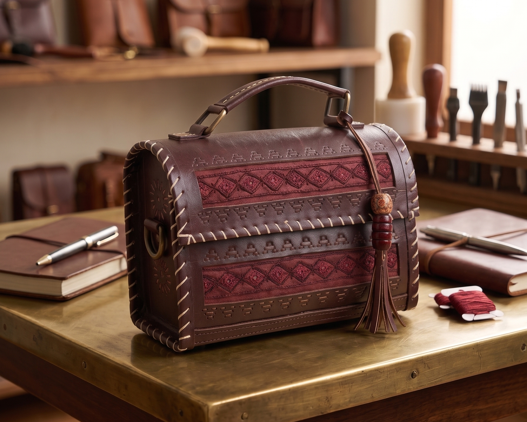 A brown leather travel case with embossed geometric patterns and a tassel, displayed on a brass table in a rustic workshop setting.