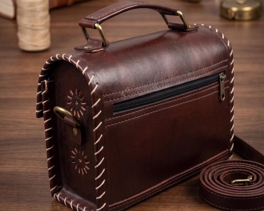 A dark brown leather case with decorative whipstitching and brass hardware, shown on a wooden tabletop with sewing and crafting props in the background.
