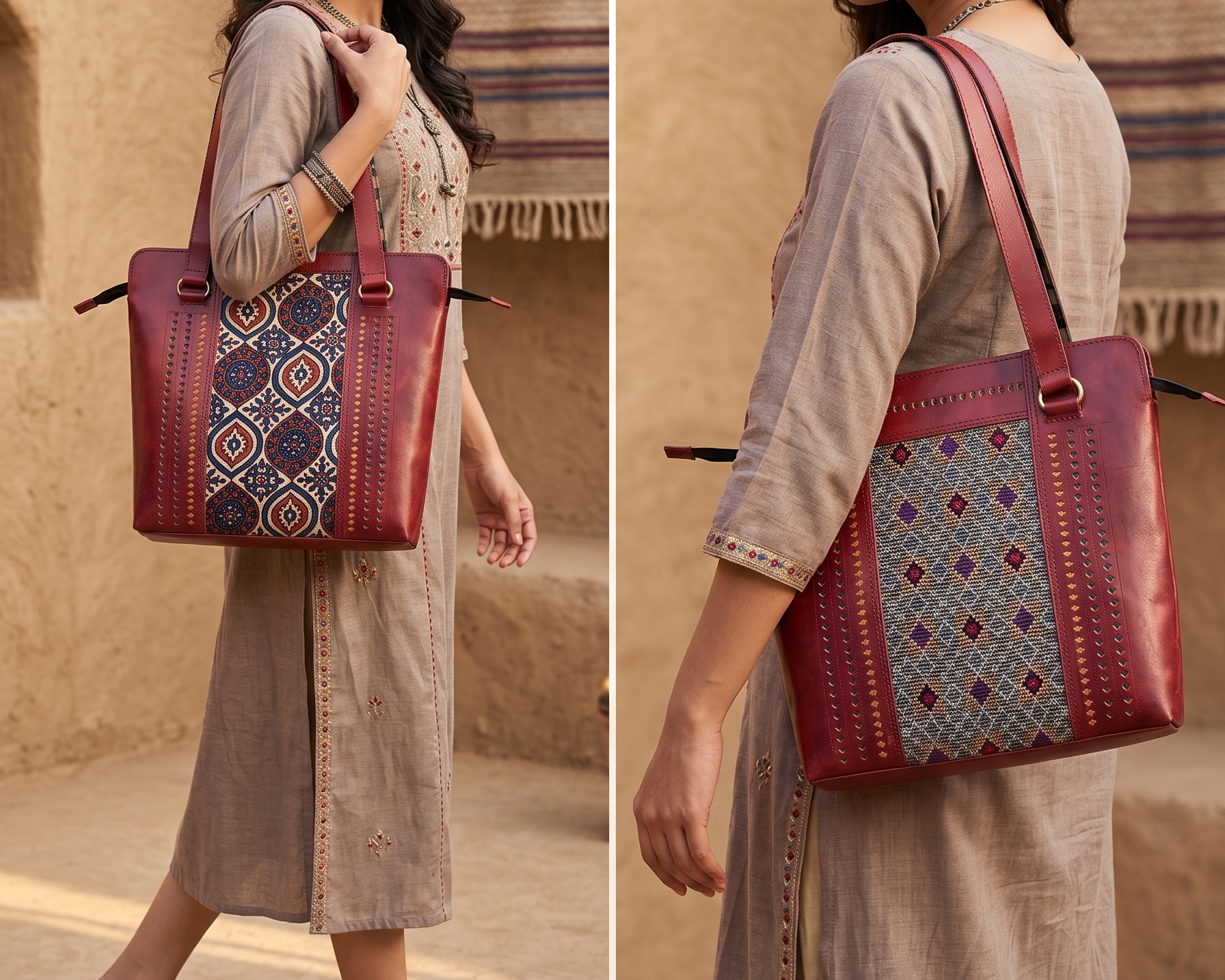 handcrafted leather tote bag with intricate patterns