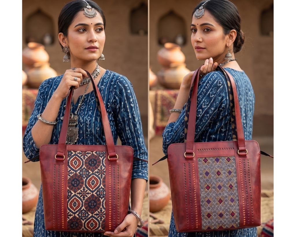 handcrafted leather tote bag with intricate patterns