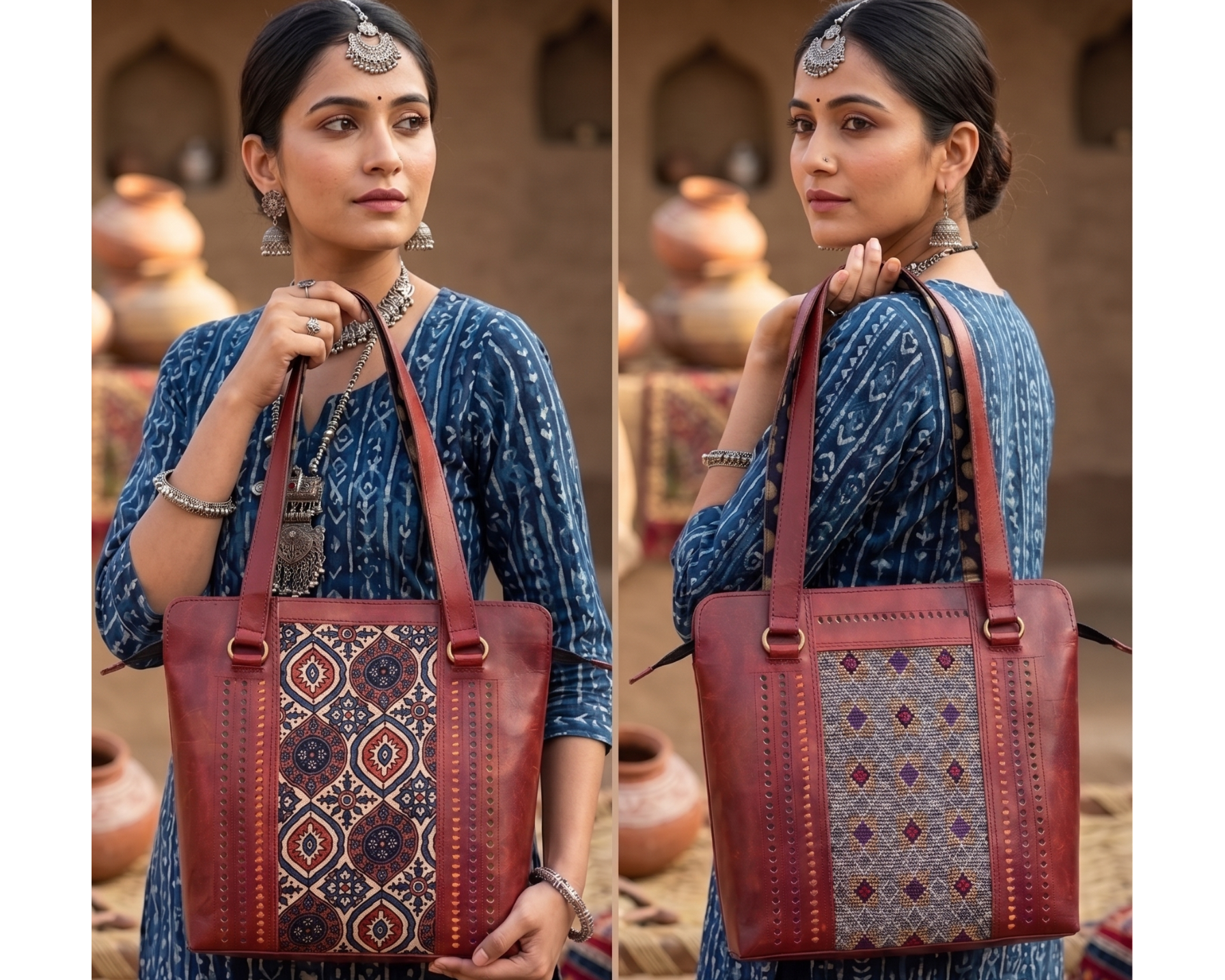 handcrafted leather tote bag with intricate patterns