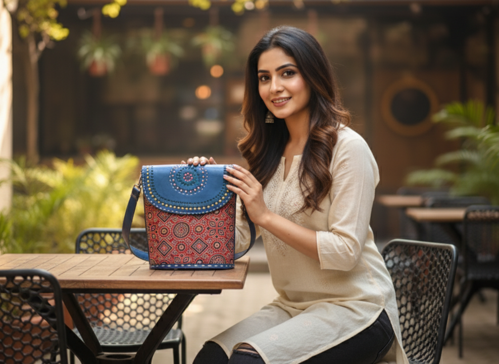 Ajrakh Mandala Sling leather handbag