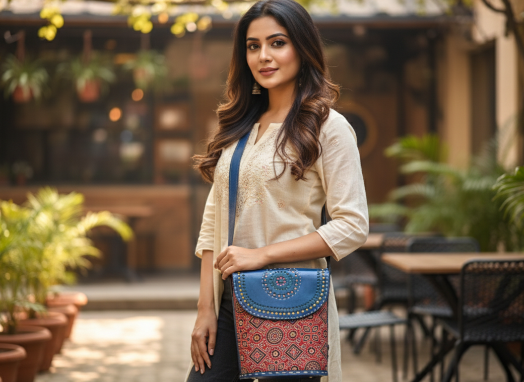 Ajrakh Mandala Sling leather handbag