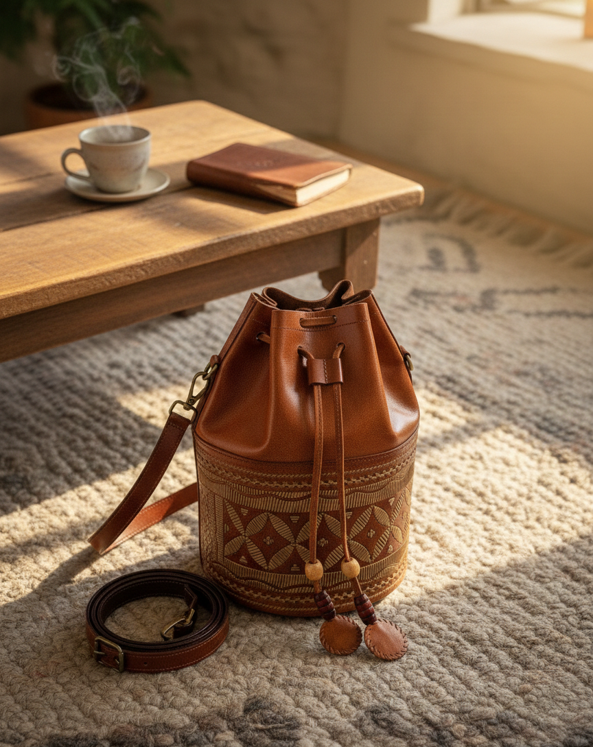 Bhuj Bhoomi Bucket bag - Hand-Tooled & Hand-Stitched