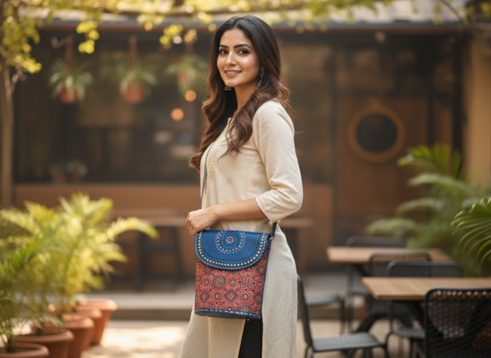 Ajrakh Mandala Sling leather handbag