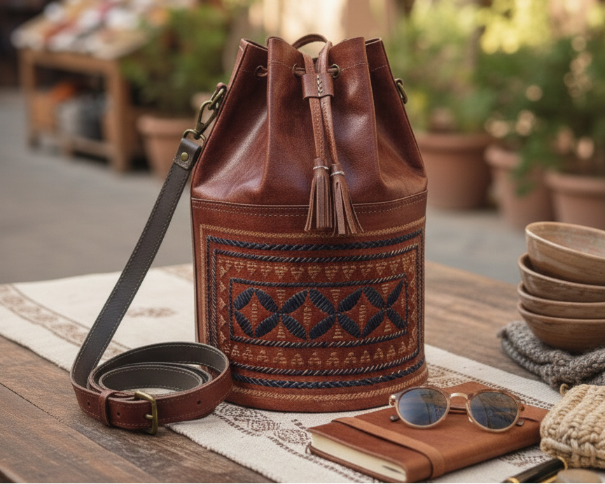 Brown leather bucket bag with geometric pattern on a wooden table outdoors.