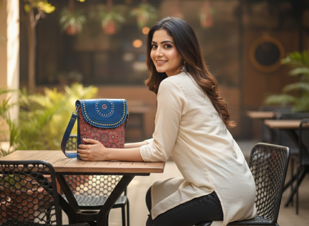 Ajrakh Mandala Sling leather handbag
