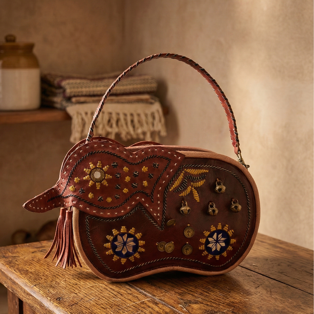 Decorative leather bag with intricate designs on a wooden table
