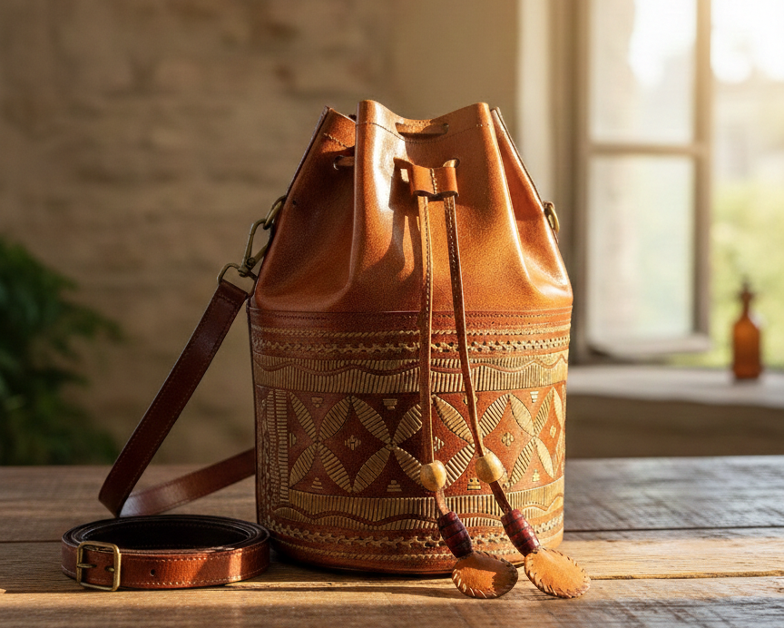 Brown leather bag with intricate patterns on a wooden table.