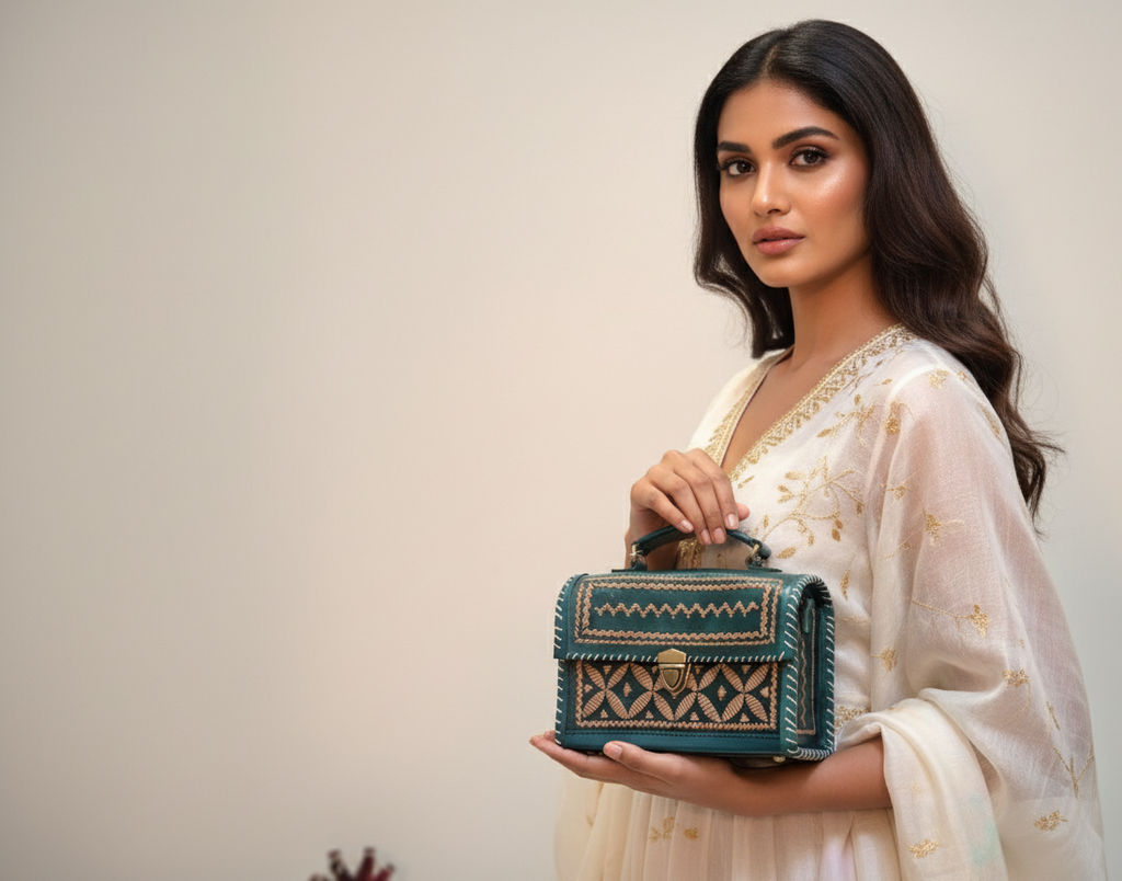 Green handbag with woven patterns on a textured surface with a blurred background