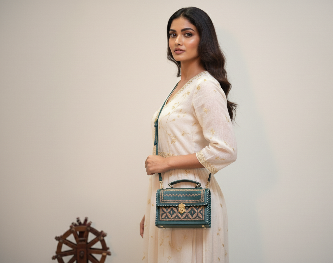 Green handbag with woven patterns on a textured surface with a blurred background