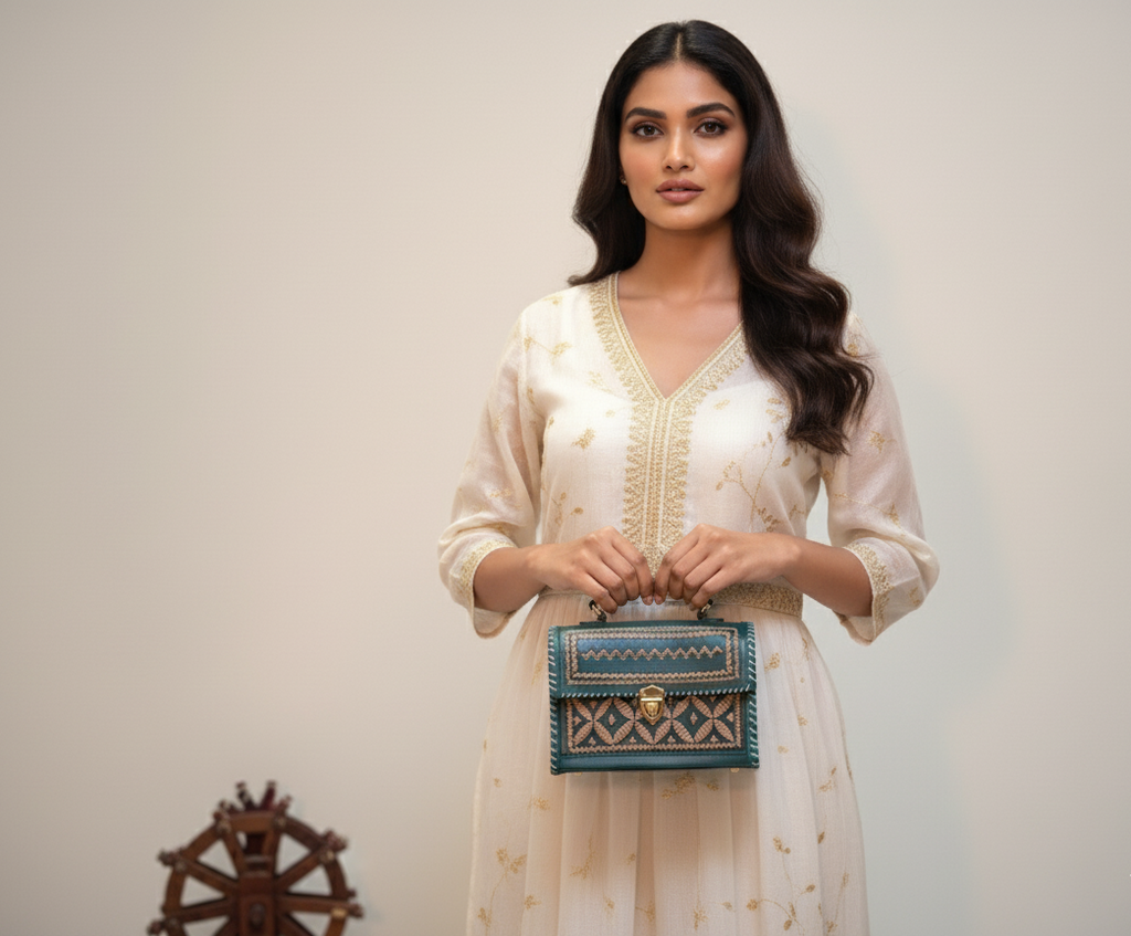 Green handbag with woven patterns on a textured surface with a blurred background