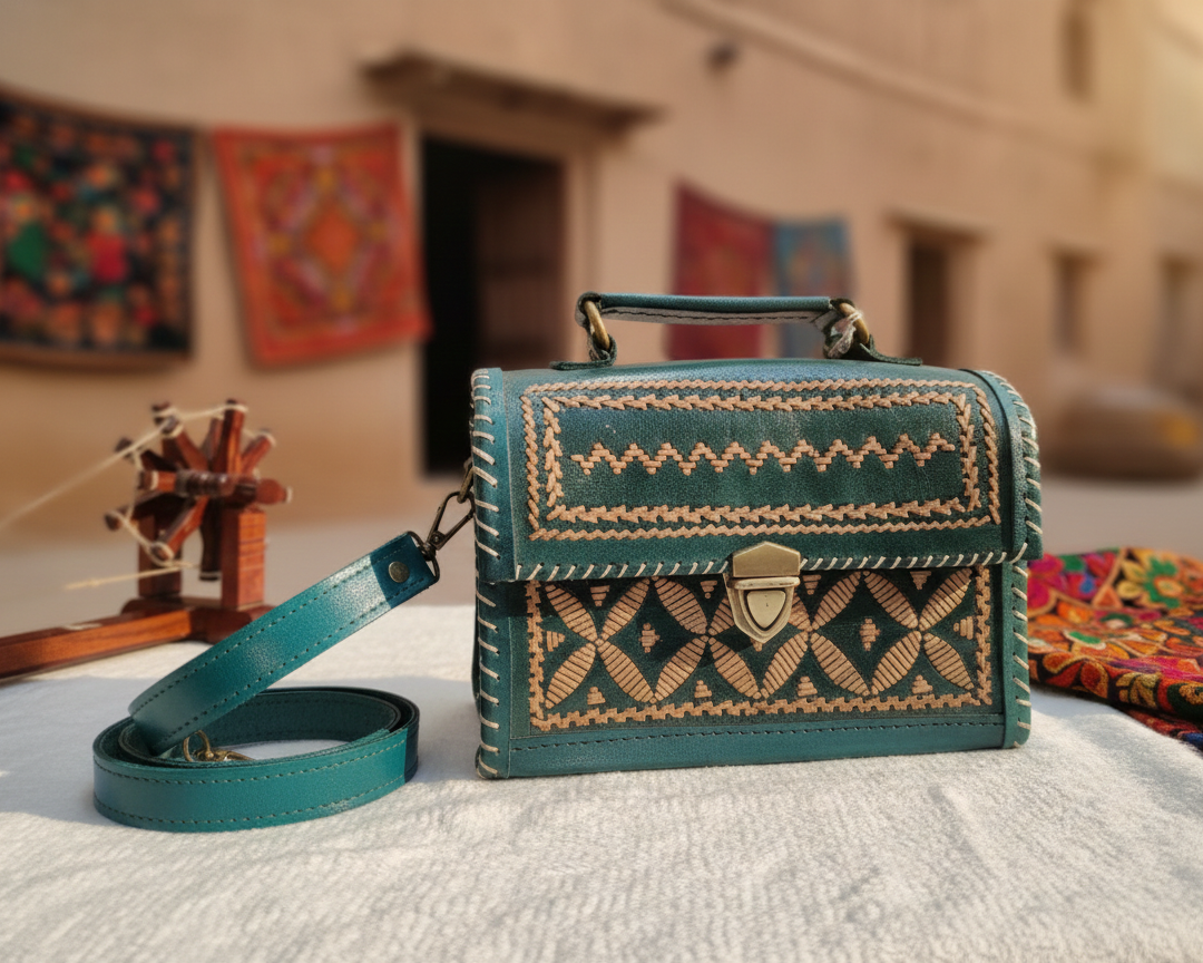 Green handbag with woven patterns on a textured surface with a blurred background