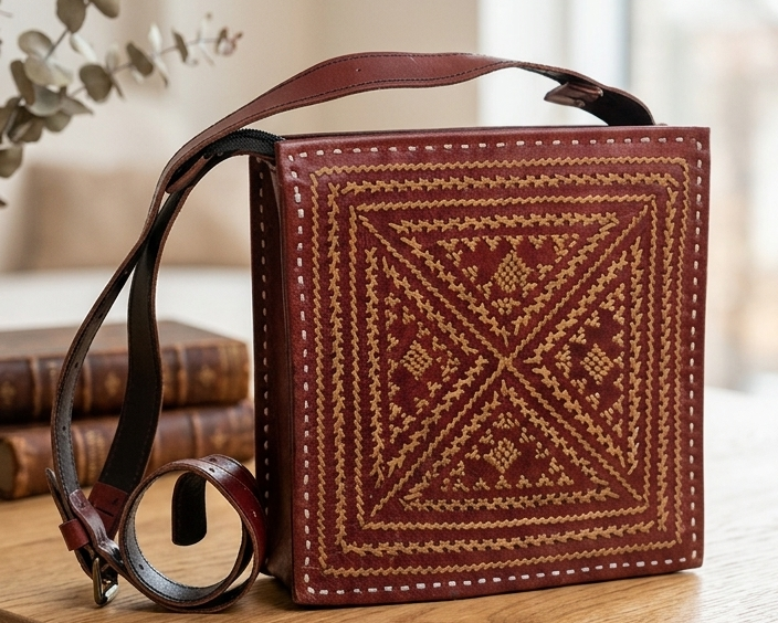 Decorative brown leather box with intricate patterns on a wooden surface.