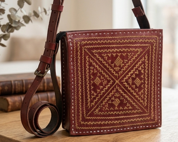 Brown leather handbag with intricate patterns on a wooden surface