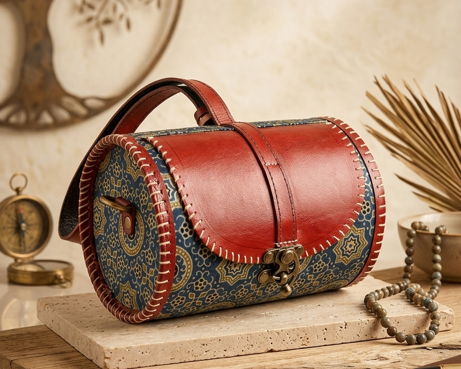 Handmade Leather & Ajrakh Dholak Bag