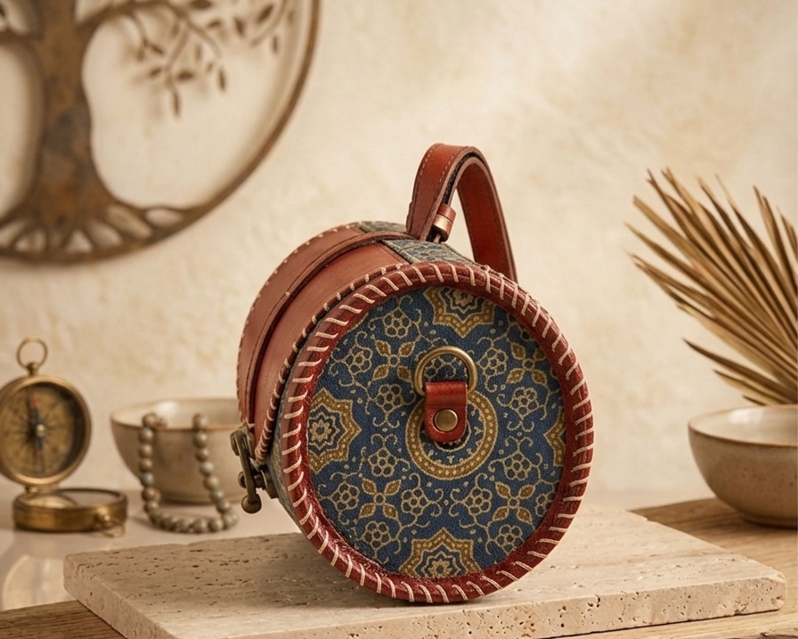 Handmade Leather & Ajrakh Dholak Bag