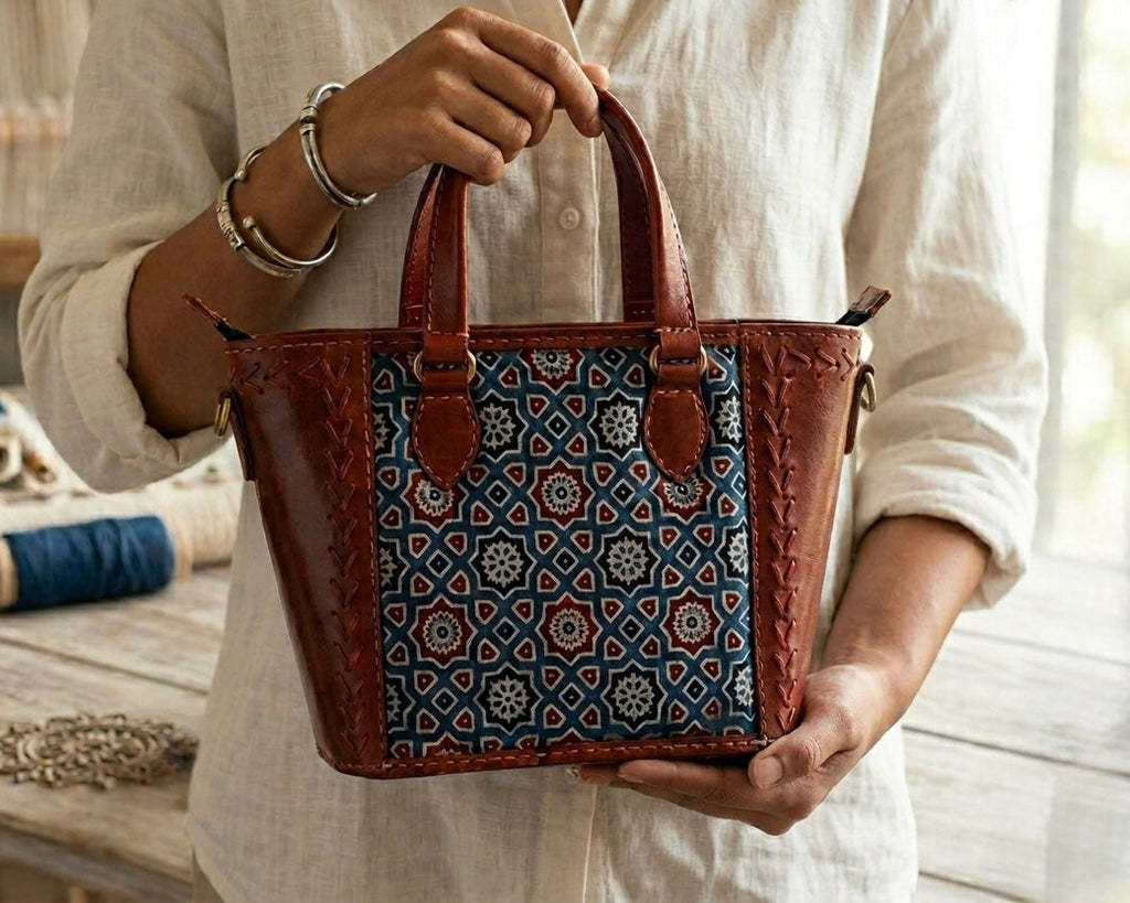 The Kutch Heritage Tote | Hand-Laced Leather | Ajrakh Shoulder Bag