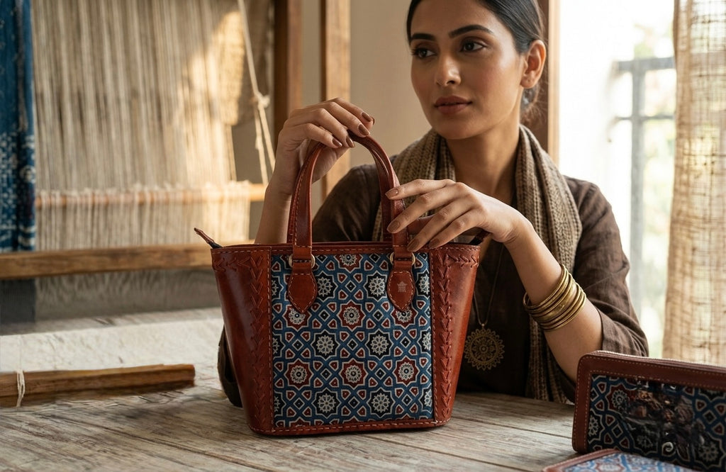 A woman holds a brown leather tote bag with a blue, white, and red geometric patterned fabric insert, set in a warm, rustic indoor environment.