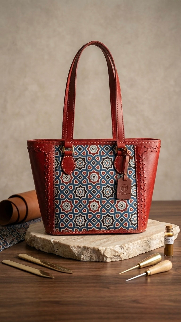 The Kutch Heritage Tote | Hand-Laced Leather | Ajrakh Shoulder Bag
