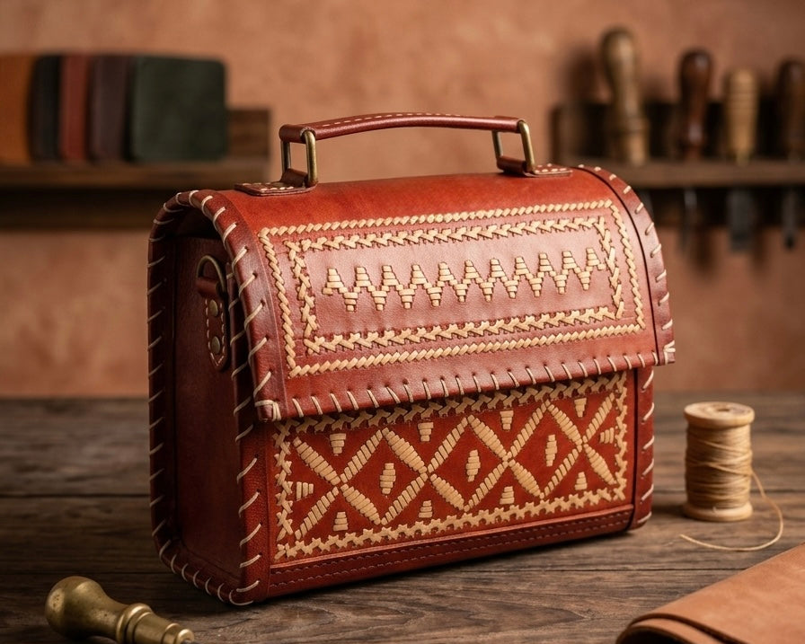 A handmade reddish-brown leather tool case with intricate geometric hand-stitched patterns on the front, displayed on a rustic wooden table with leatherworking tools and materials in a warm, traditional workshop setting.