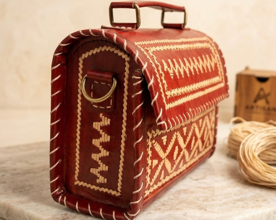 A red leather handbag with intricate beige geometric embroidery and white contrast stitching, resting on a light marble slab with a wooden box and rope in the background.