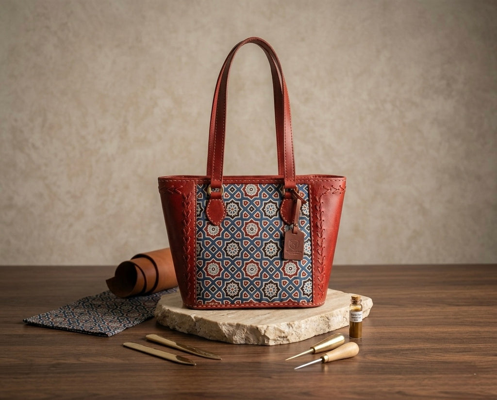 A leather tote bag with a geometric patterned front panel, displayed on a stone slab on a wooden table with leatherworking tools and a rolled leather piece in the background.