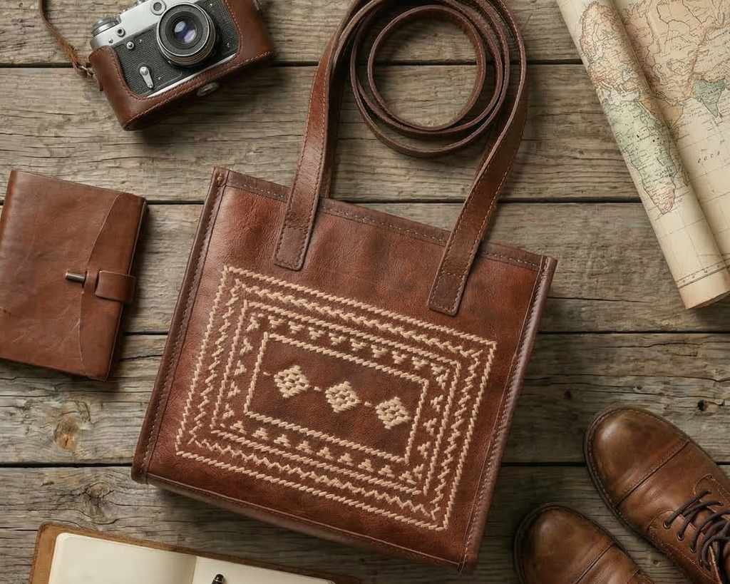 Brown handmade leather bag with intricate stitching