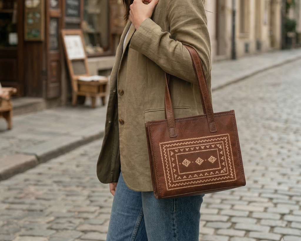 Brown handmade leather bag with intricate stitching