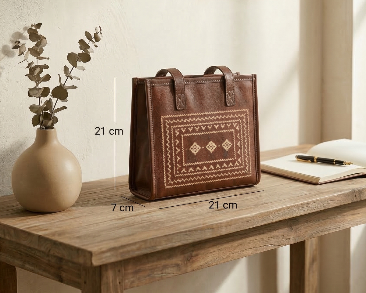 Brown handmade leather bag with intricate stitching