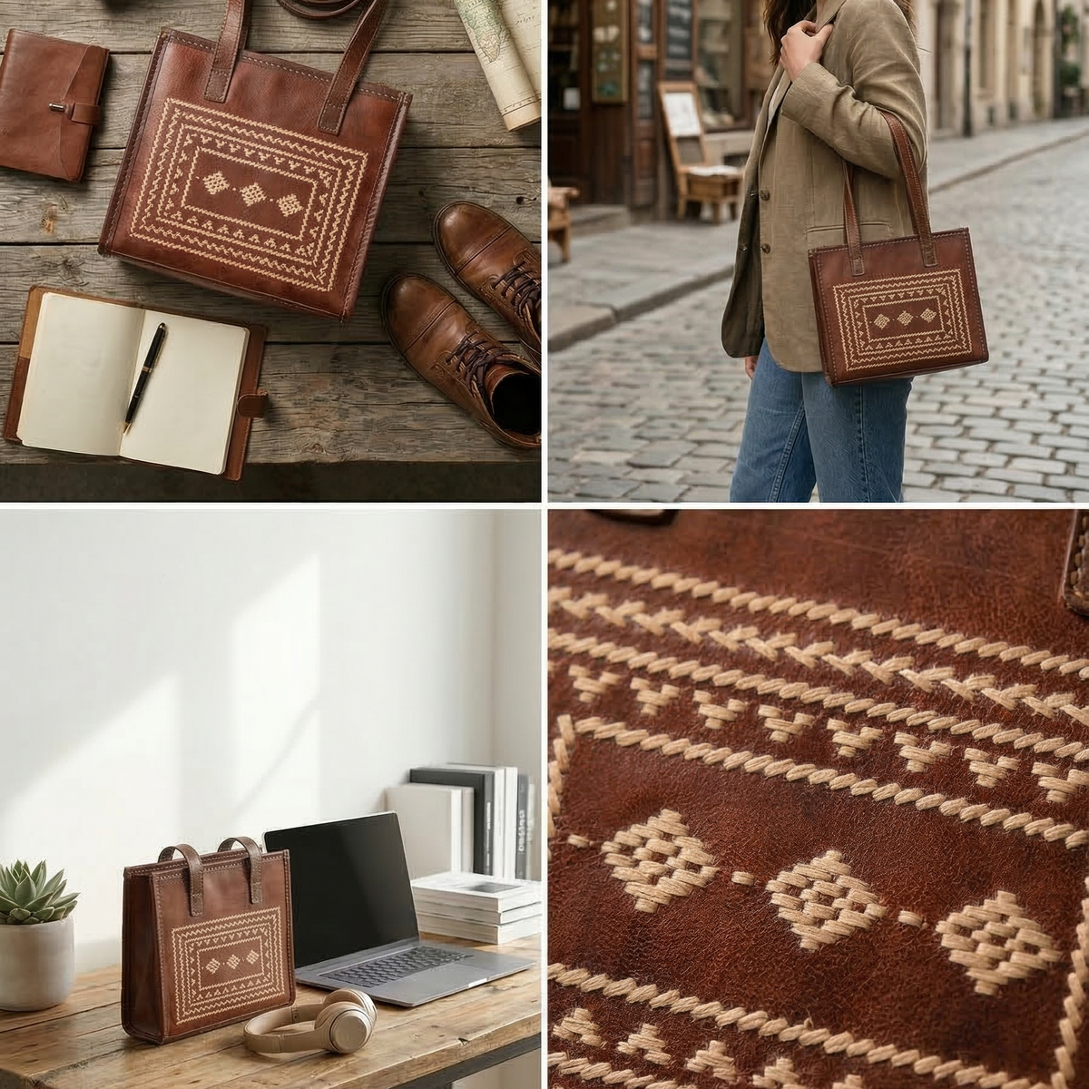 Collage of a brown leather bag with geometric pattern, on a wooden surface, worn by a person, and used as a desk organizer.