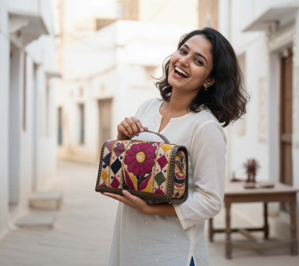 Woman holding a colorful handbag with floral patterns in an outdoor setting