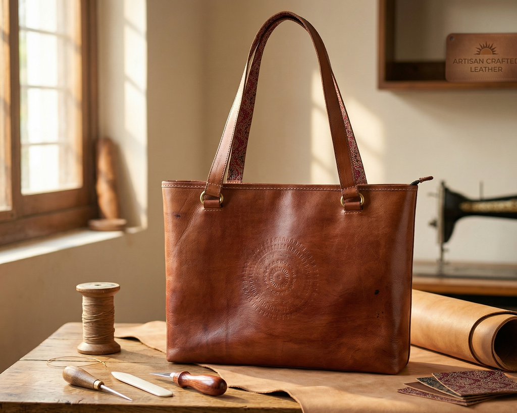 Brown leather tote bag on a wooden table with sewing tools and materials.