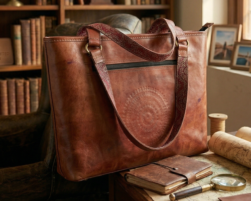 Brown leather tote bag on a desk with bookshelf in the background