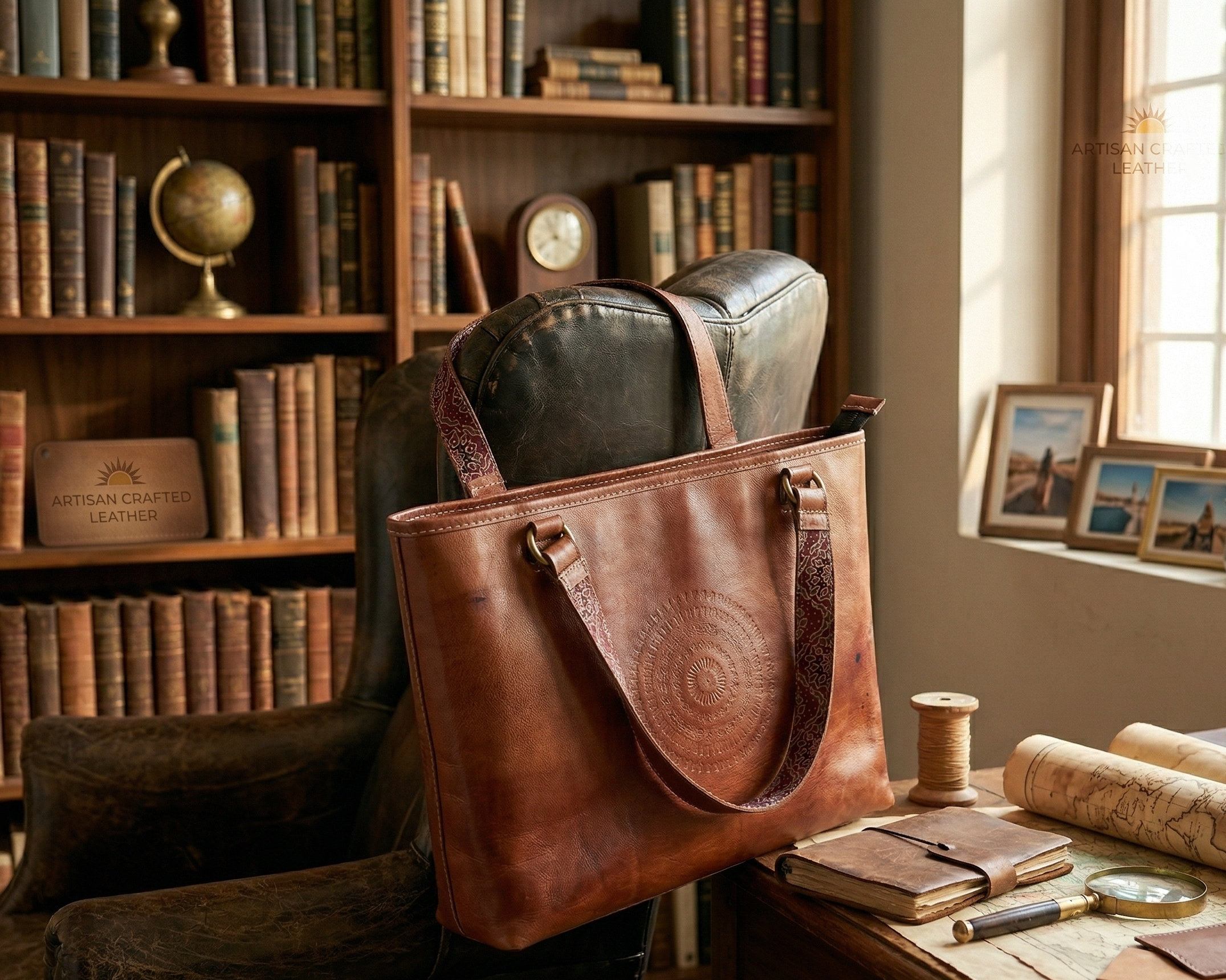 Brown leather tote bag on a chair in a room with bookshelves and a desk.