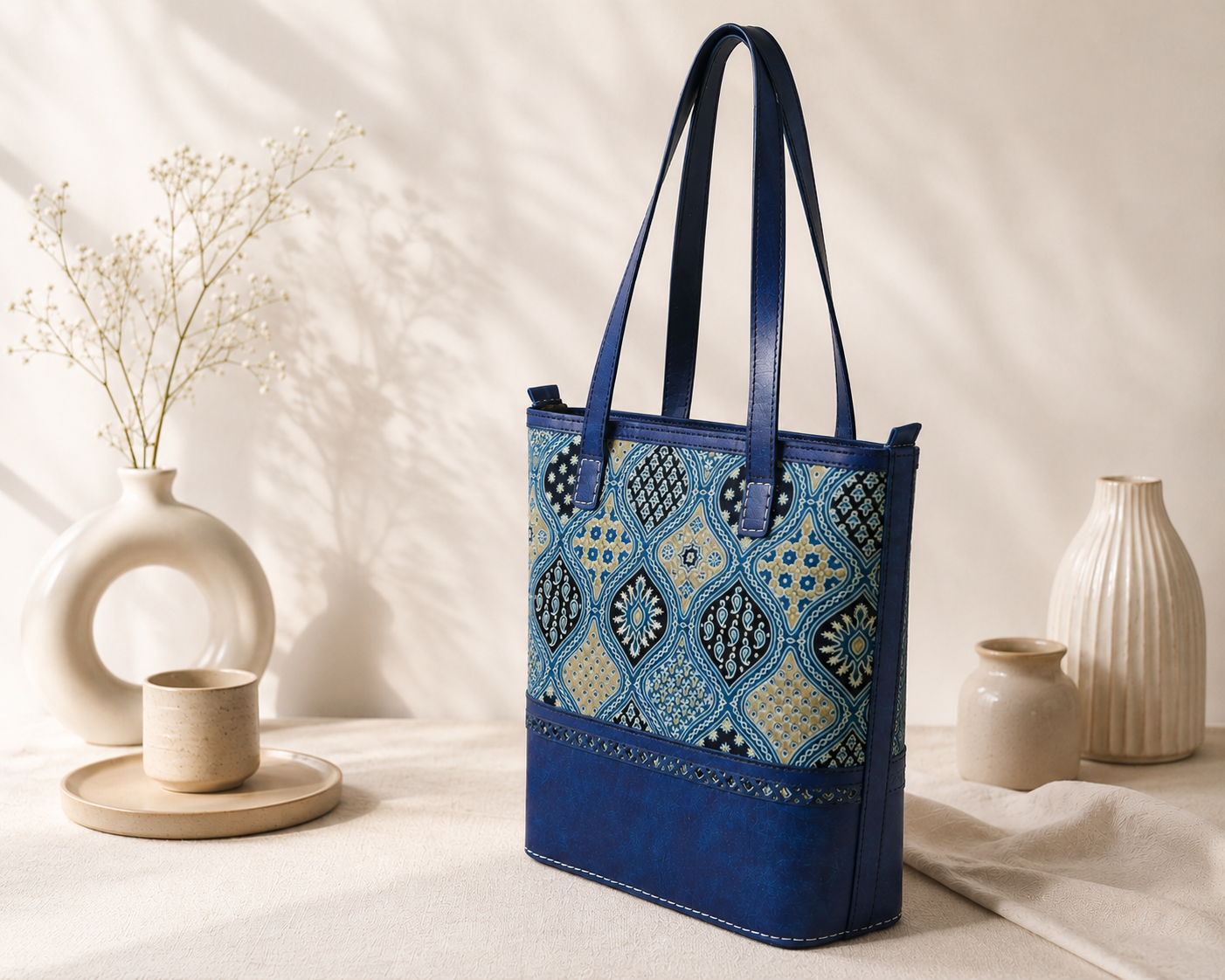 A blue leather tote bag with intricate geometric and floral embroidery in blue, beige, and black, styled on a draped cream fabric surface with neutral ceramic vases and dried flowers in the background.