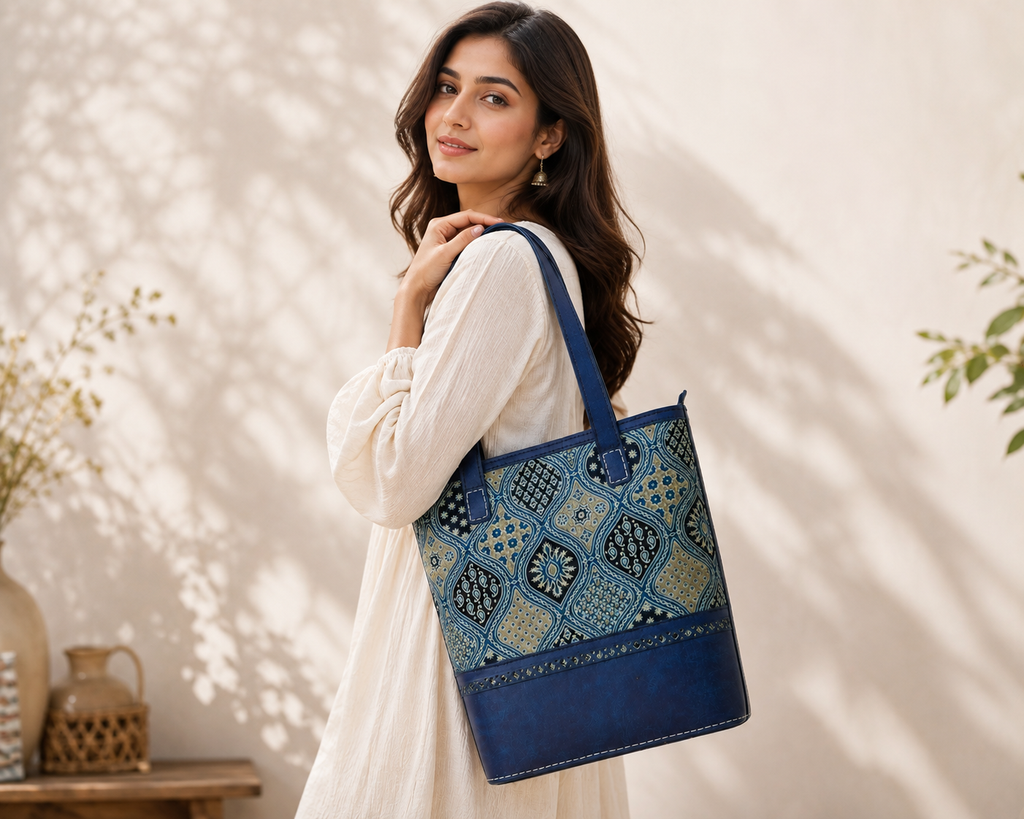 A woman in a white kurta carries a blue patterned tote bag with intricate geometric embroidery and metallic accents, set against a warm beige wall with soft leaf shadows.