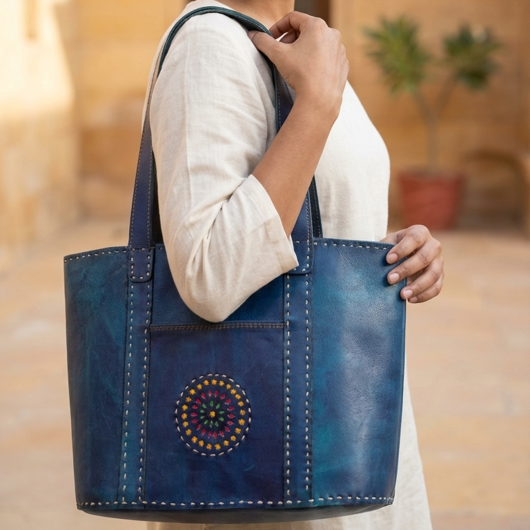 Woman holding a blue tote bag with decorative elements in an outdoor setting